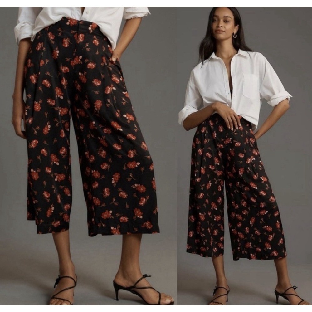 ANTHROPOLOGIE Maeve Black Floral Print Wide Leg High Rise‎ A-Line Culottes Sz MP